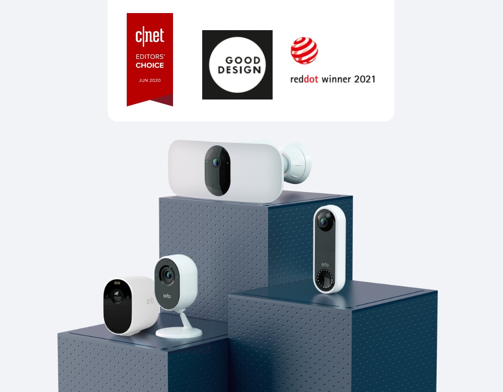 Awards won by Arlo security products: reddot winner, Good design and cnet
